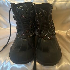 Sperry Black Quilted Boots with Colorful Stitching